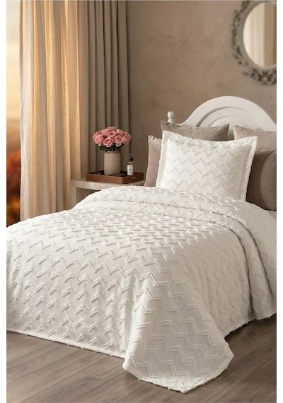 Tek Kişilik Yatak Örtüsü 180 X 260 Cm Valonlu Model 1 Adet 50 X 70 Yastık Kılıfı Ekru-ekru