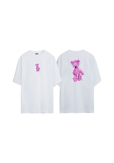 Thewert Unisex Pink Bear Ön Arka Baskılı Beyaz Oversize T-shirt