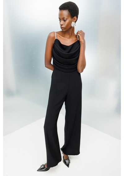 Moda İlgi Kadın Drape Detaylı Askılı Tulum M06657 Siyah Siyah
