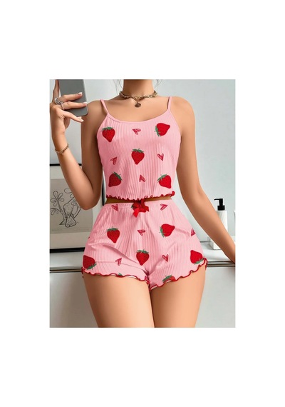 Doğu Collection Penye Kumaş Esnek 2li Desenli Şort Takım Gecelik Pembe-çilek