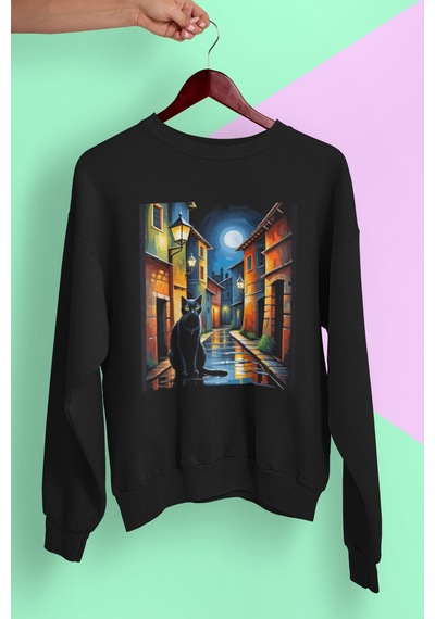 Magors Stıl-x Sevimli Kediler Baskılı Unısex Bisiklet Yaka Oversize Sweatshırt Siyah-2