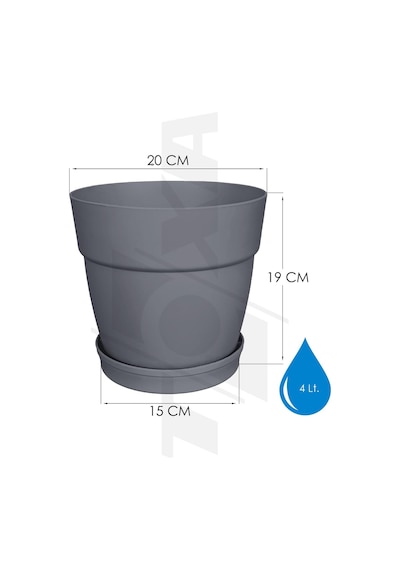 Tabaklı Delikli Plastik Çiçek Saksısı, 20 Cm 4 Lt, 2 Adet, Antrasit