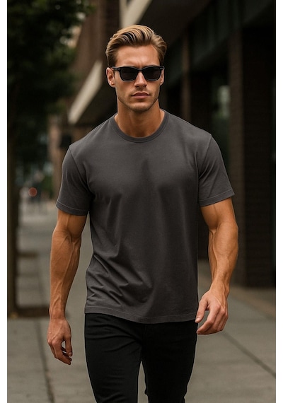 Rich Erkek %100 Pamuk Oversize Tişört Basic Bisiklet Yaka Kısa Kollu T-shirt Gri