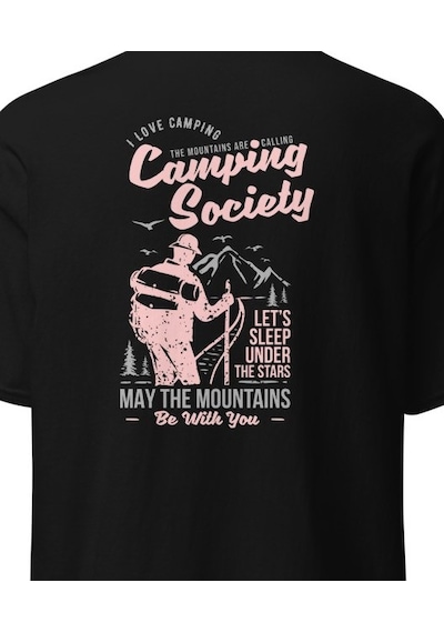 Wildstyle Camping Society Kamp Çadır Yıldız Doğa Gece Baskılı Unisex Pamuklu Tişört Siyah