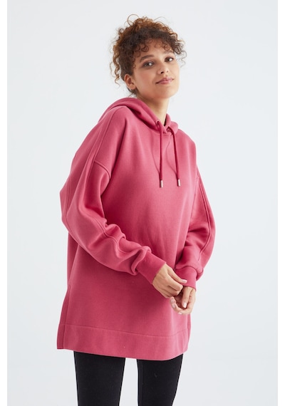 Tommy Life Yaban Gülü Reglan Kol Basic Kapüşonlu Oversize Sweatshirt Sweatshirt Tunik - 97242 Pembe