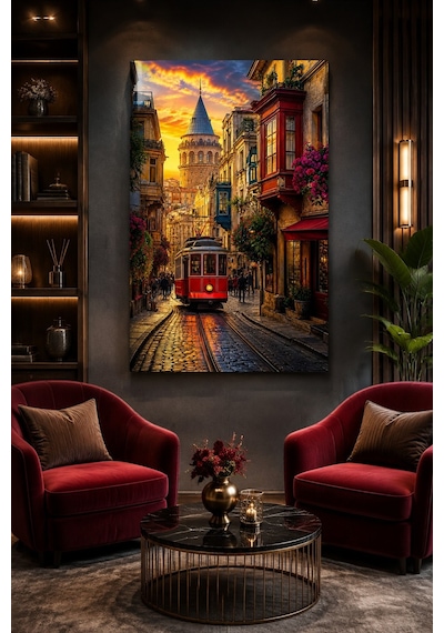 Nostaljik İstanbul Tramvaylı Baskılı Cam Tablo Galata Kulesi Uv Baskı Duvar Tablosu