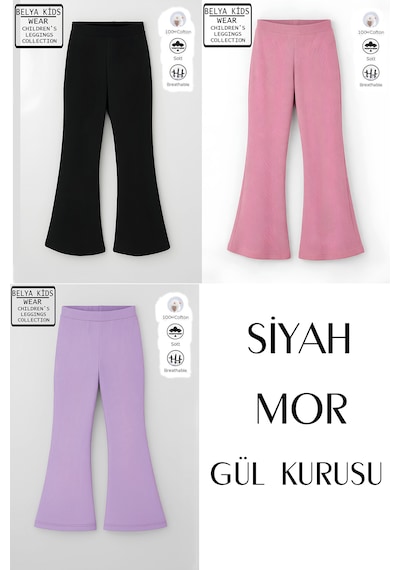 Belyakidswear 3 Lü Paket Pamuğa Pamuk Kız Çocuk Fitilli Taytlar Siyah,mor,gülkurusu