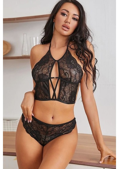Ang Butik Kadın Siyah Dantel Çapraz İpli Bralet Sütyen Takım