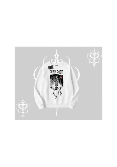 Tarzsokak Biskilet Sweatshirt Punk Rock Chaos Skeleton Riot Beyaz