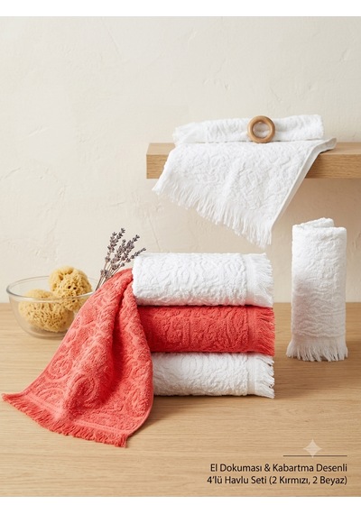 Pamuklu Mutfak Havlusu 4'lü Set 30x50 Cm El Ve Kurulama Havlusu Yumuşak Emici Çok Amaçlı Kırmızı