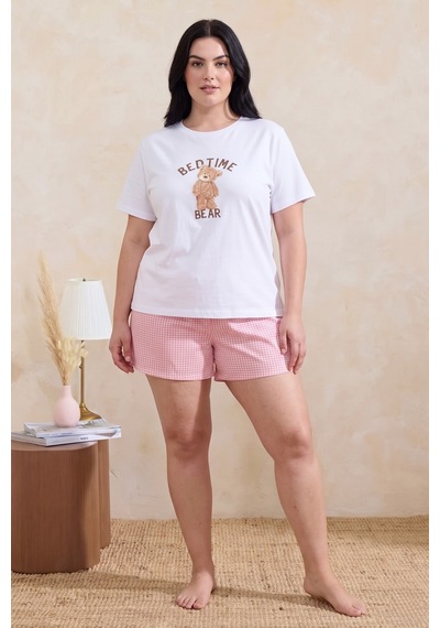 Laperissa Ayıcık Desenli Pembe Ekose Büyük Beden Şortlu Pijama Takımı