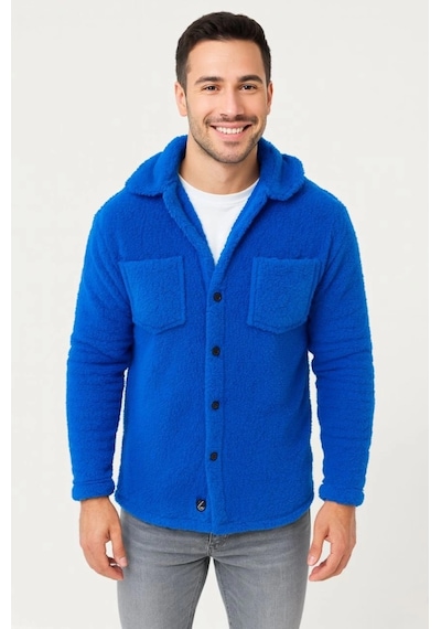 Valensdesign Erkek Pelüş Polar Hırka Gömlek Yakalı, İlik Düğmeli, Göğüs Cepli, Yumuşak Dokulu Kışlık Regular Fi Saks Mavisi