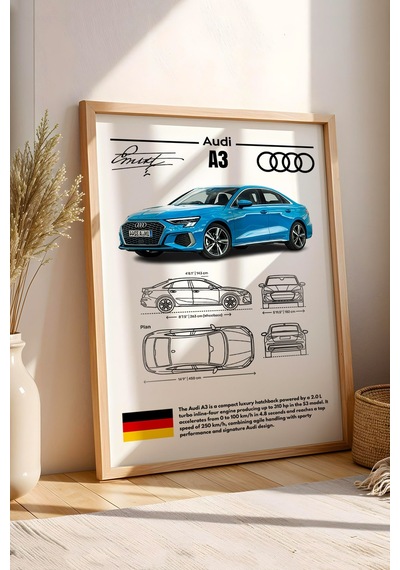 Audi A3 Tablo - Teknik Özellikli Alman Otomobil Poster - Çerçeveli Duvar Dekoru - Araba Blueprint Kayın Audi A3 Tablo - Teknik Özellikli Alman Otomobil Poster - Çerçeveli Duvar Dekoru - Araba Blueprint Kayın