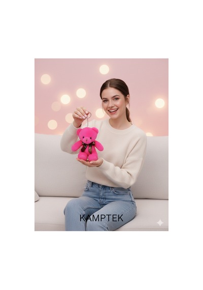 Hediyelik Pembe Tül Kese Tasarım Kalp Ayıcık Anahtarlık Hediyelik