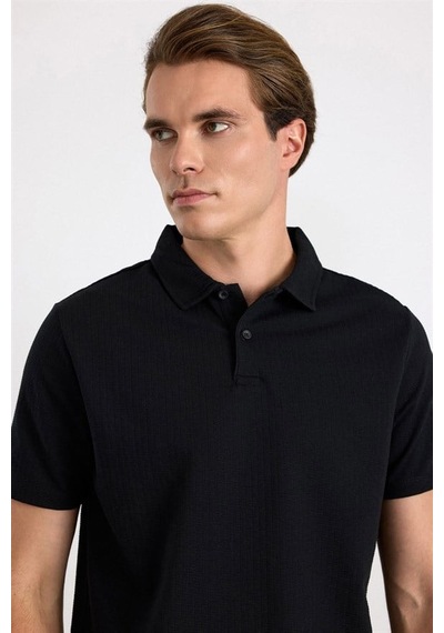 Süvari Siyah Slim Düz Baskısız Armürlü Düğmeli Polo Yaka Tişört Sts1014000017-s09
