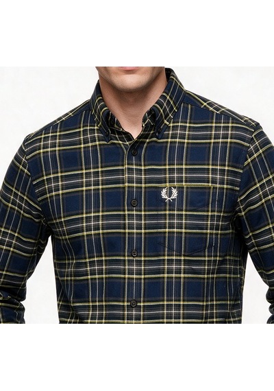 Fred Perry Erkek Normal Kesim Düğmeli Yaka Uzun Kollu Ekose Desenli Gömlek Koyu Mavi