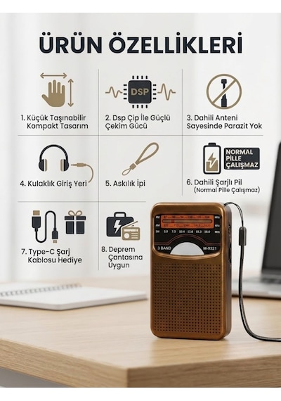 Dexxony M-9321 Şarjlı Dsp Çipli Yüksek Çekim Güçlü Taşınabilir Cep Radyosu