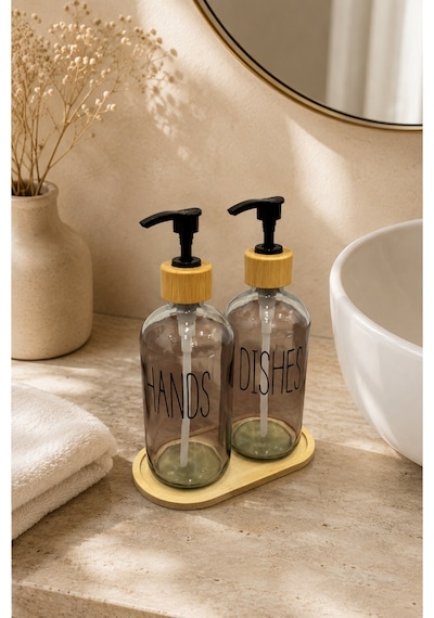 Relly Bambu Standlı İkili Cam Sabunluk Seti 2 X 500 Ml Hands & Dıshes Gri