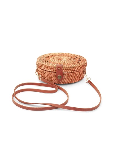 El Yapımı Hasır Rattan Desenli Yuvarlak Kutu Çanta Çok Renkli