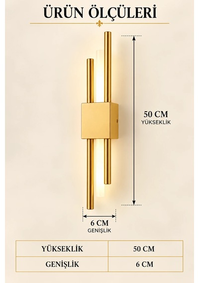 Premıum Modern Gold Çift Borulu Led Aplik 50 Cm Dekoratif Duvar Aydınlatması