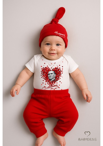 Babyden's Atatürk Temalı Kısa Kollu 3 Lü Yenidoğan Bebek Takımı Body + Pantolon + Bere Kırmızı-beyaz Pamuklu Kırmızı - Beyaz