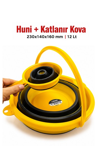 Katlanabilir Silikon Kova + Katlanabilir Silikon Huni Sarı - Siyah