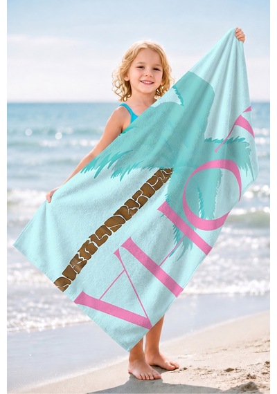Palmiye Yazılı Mikrofiber Plaj Havlusu - Tropikal Modern Mint Pembe Hızlı Kuruyan Mikrofiber Havlu Puslu Mercan