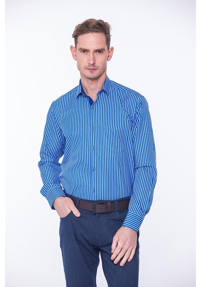 Fitmens Klasik Uzun Kol Premium Kalın Çizgili Hediye Kutulu Erkek Gömlek Fs-001266 - Saks Mavi Beyaz-1431