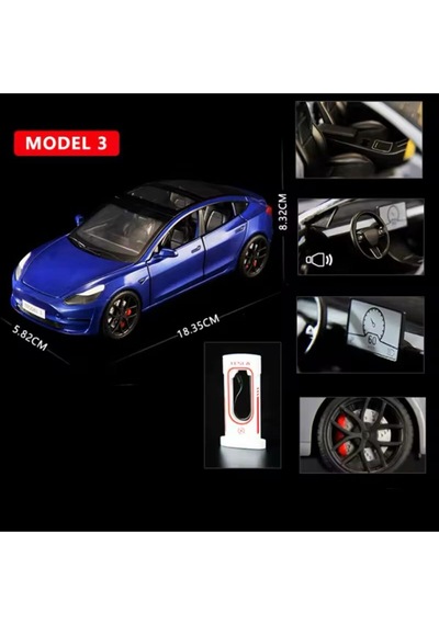 Tesla Model Y Diecast Model Araba 1:24 Diecast Döküm Tesla Yeni Model Sesli Işıklı Şarj İstasyonlu