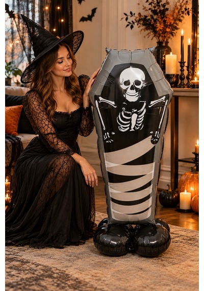 Halloween Cadılar Bayramı Ayaklı Tabut İskelet Folyo Balon 99x57 Cm Siyah Oda Dekoru Parti Süsü Çok Renkli