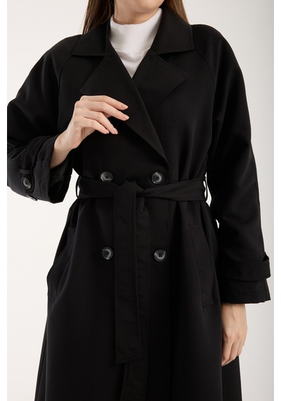 Siyah Kemerli Oversize Astarlı Trençkot 46159