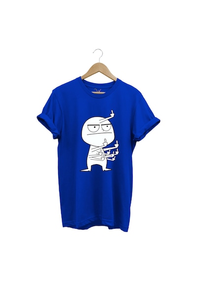 Eğlenceli Komik Orta Parmak Tasarım Baskılı %100 Pamuk Regular Fit Mavi T-shirt Mavi