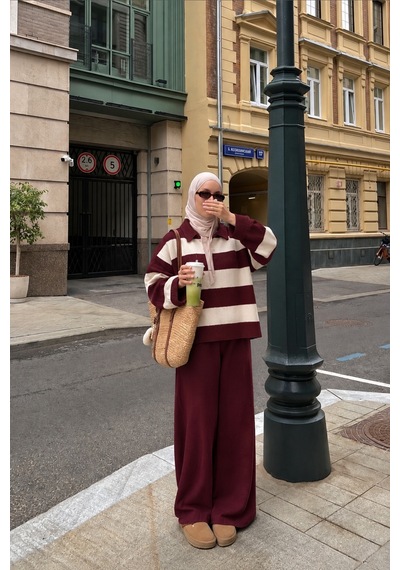 Nilza Dubai Kadın Tesettür Polo Yaka Çizgili Triko Alt Üst Takım Bordo