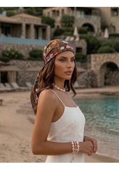 Trend Dokunuş Kadın 70-70 Kedili Hayvan Figürlüfular Bandana Kahverengi