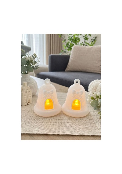 Dekoratif İkili Çan Led Mum Aydınlatmalı Beyaz