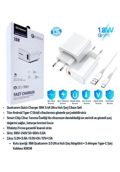 Mipo M25 Uyumlu 18w 3.4a Type-c Ultra Hızlı Şarj Cihazı Seti - İthalatçı Garantili Beyaz