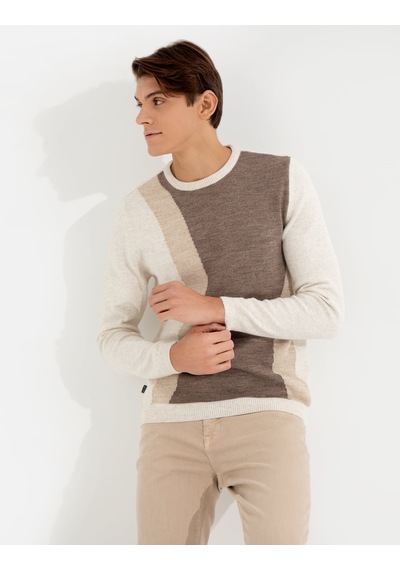 Pierre Cardin Bej Melanj Slim Fit Bisiklet Yaka Triko Kazak