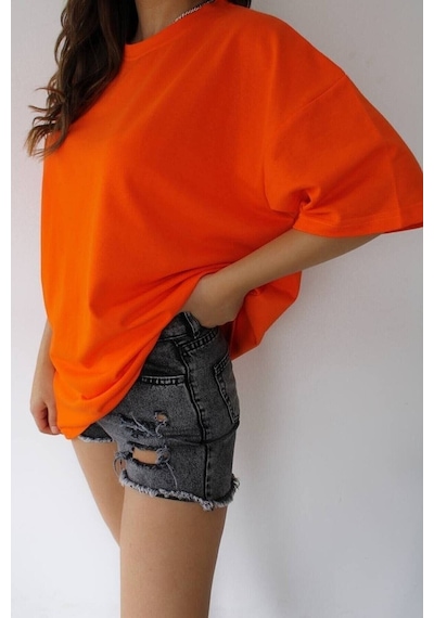 Startmore Unisex Pamuk Bisiklet Yaka Oversize T-shirt Turuncu