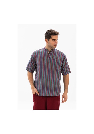 Kısa Kol Şile Bezi Hakim Yaka Erkek Tshirt Mor Çizgili 3072