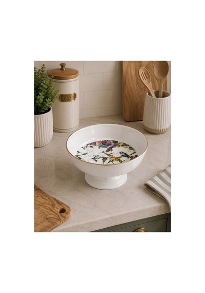 Flora Seramik Ayaklı Meyvelik Salata Kasesi Sunum Tabağı - 23,5cm Beyaz