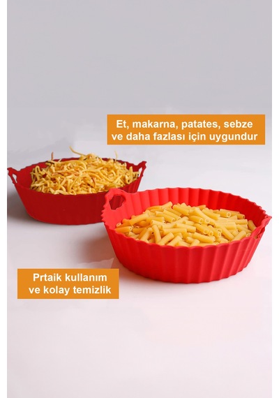 2 Adet Airfryer Silikon Pişirme Kabı - Kırmızı - Tüm Airfryer'lara Uyumlu Silikon Kırmızı Diğer