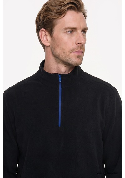 Ac&Co / Altınyıldız Classics Erkek Sıyah Sıcak Tutan Standart Fit Normal Kesim Bato Yaka Çift Fleto Cepli Sweatshirt Polar Siyah
