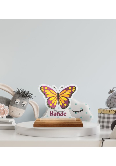 BK Gift Kişiye Özel İsimli Kelebek Tasarımlı Ahşap Standlı Pleksi