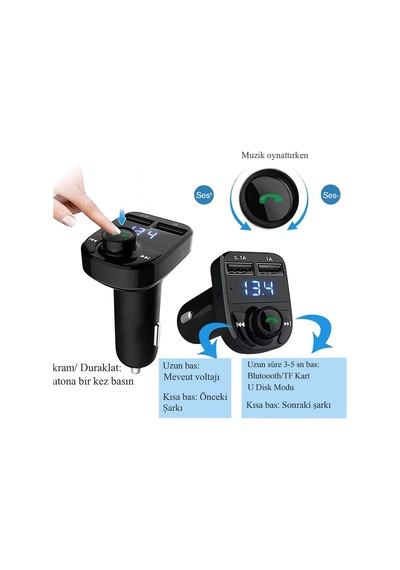 X8a Fm Transmitter Bluetooth Araç Çakmaklık Çift Usb Şarj Cihazı - 800250647