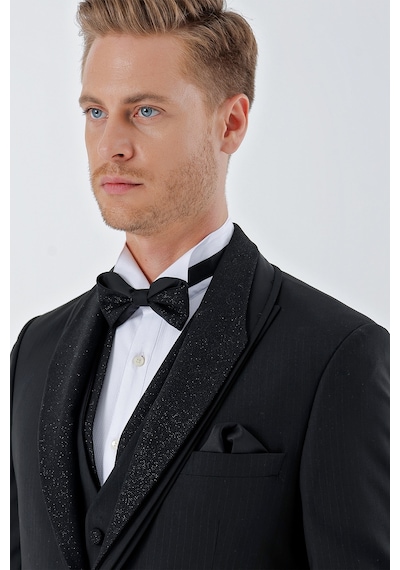 İmza Siyah Çizgili Çıkarılabilir Şal Yaka Yelekli 6 Drop Slim Fit Smokin Damatlık Takım 1001230212-Siyah