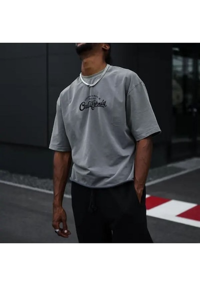 Altamira Erkek Göğüs California Baskılı Oversize Bisiklet Yaka T-shirt 001