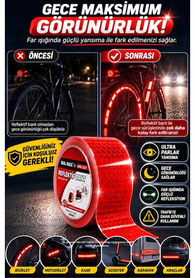 Kırmızı Reflektif Bant 3.5 Cm X 1.5 Metre Kendinden Yapışkanlı Gece Görünürlük Güvenlik Bandı Bisikl