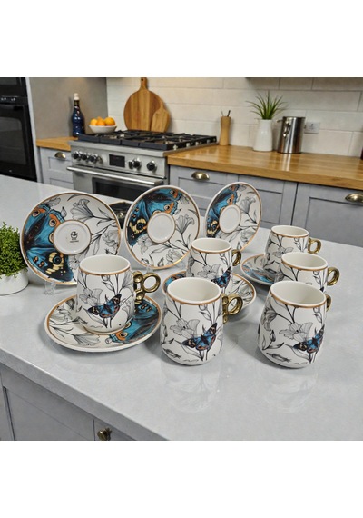 Sudedi Home Floral Renkli Yaldızlı 6 Kişilik Kahve Fincan Takımı Çok Renkli