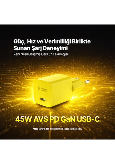 Ttec Smartcharger Gan 45W Avs PD Seyahat Hızlı Şarj Aleti + USB-C - USB-C 3A 120 CM Kablo Neon Sarı