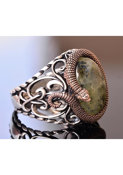 925 Ayar Katı Gümüş Erkek Yüzük Doğal Taşlarla - El Yapımı Şıklık Prehnite Jade Taşı Gümüş